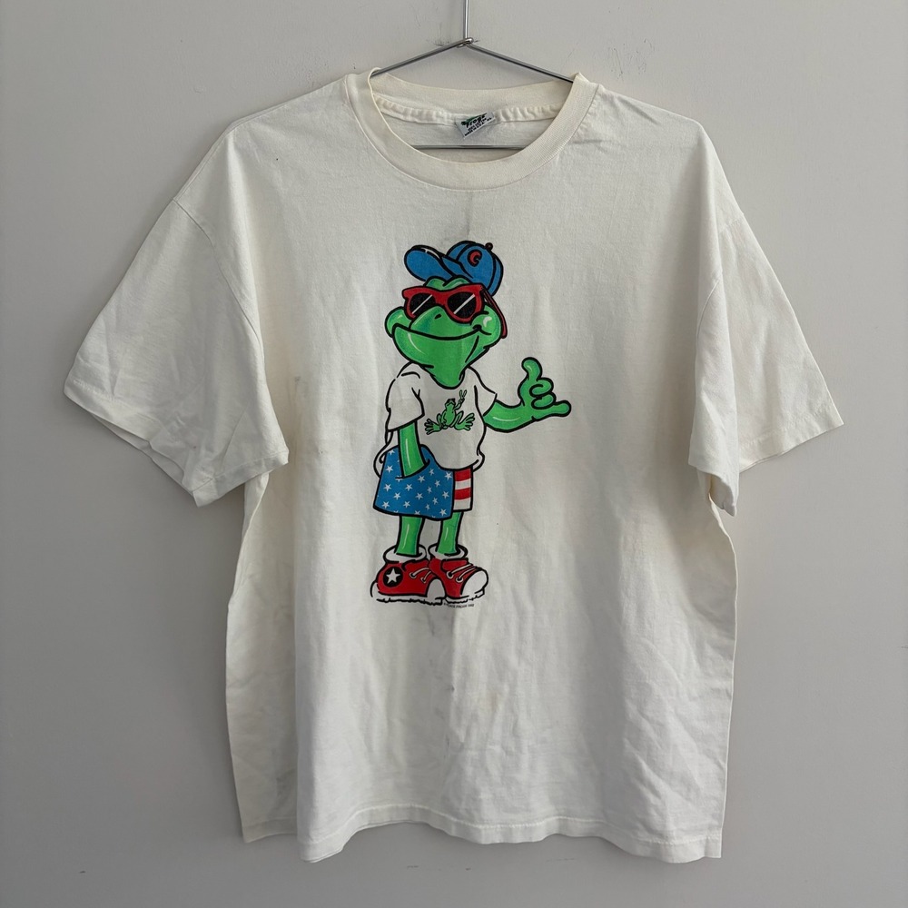 Vintage 1992 Peace Frogs Graphic T-Shirt White XL USA Made Single Stitch Mens